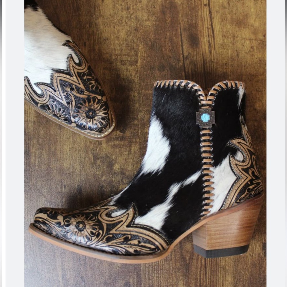Cowhide & Tooled Leather Western Ankle Boots - Size 7 Myra - Brand New Handmade